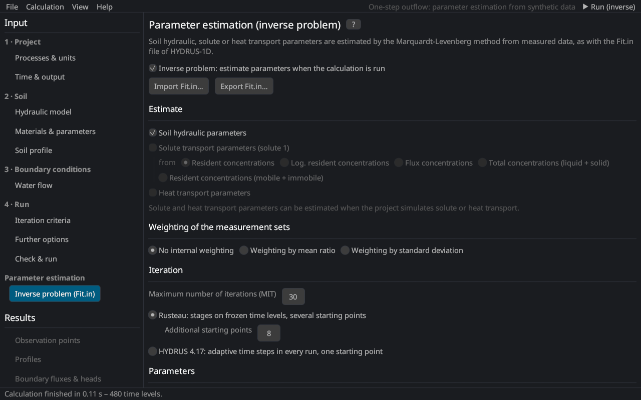 The page Inverse problem with the parameter table and the observations.