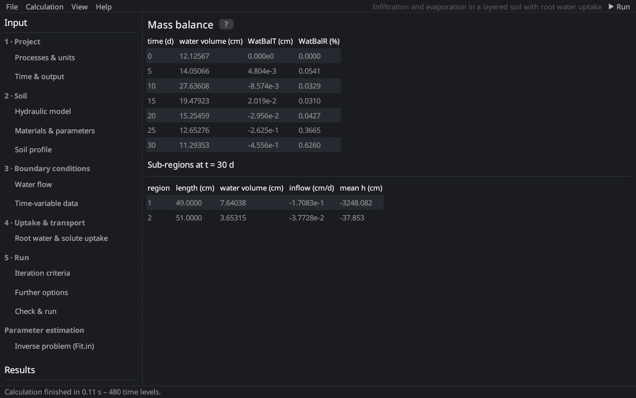 The results page Mass balance.